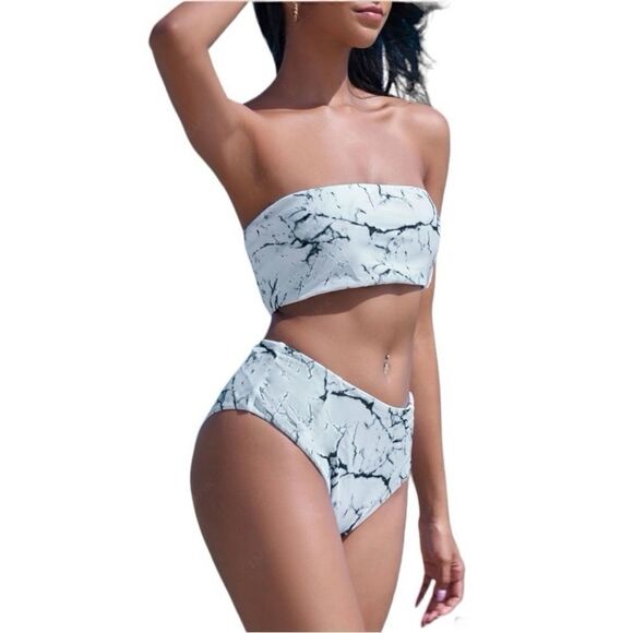 ZAFUL Marble Print High Waisted Bandeau Bikini Set | white | size M - Picture 1 of 7